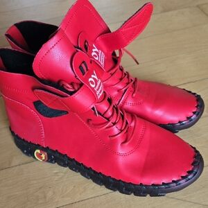 Bright Red Lace-Up Velcro High Top Faux Leather Orthopedic Lined Ankle Sneakers9